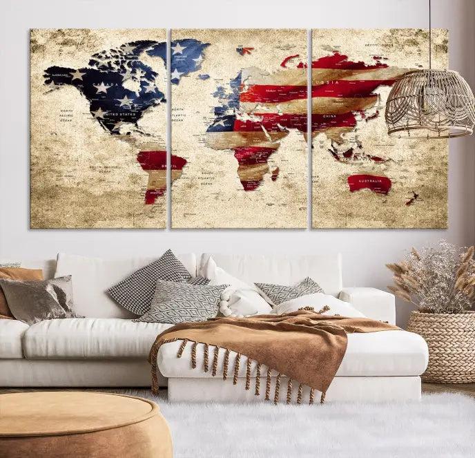 A three-panel "USA Flag and World Map Grunge Canvas Print," featuring a museum-quality canvas with a UV-protective coating, is displayed in a modern interior.