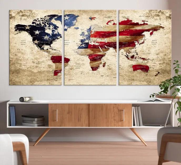 A three-panel "USA Flag and World Map Grunge Canvas Print," featuring a museum-quality canvas with a UV-protective coating, is displayed in a modern interior.