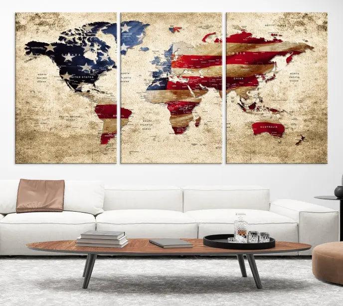 A three-panel "USA Flag and World Map Grunge Canvas Print," featuring a museum-quality canvas with a UV-protective coating, is displayed in a modern interior.