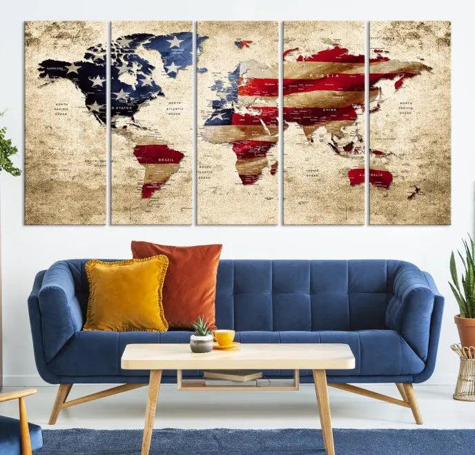 A three-panel "USA Flag and World Map Grunge Canvas Print," featuring a museum-quality canvas with a UV-protective coating, is displayed in a modern interior.