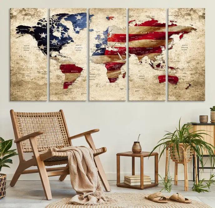 A three-panel "USA Flag and World Map Grunge Canvas Print," featuring a museum-quality canvas with a UV-protective coating, is displayed in a modern interior.