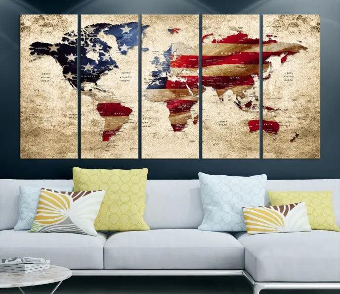 A three-panel "USA Flag and World Map Grunge Canvas Print," featuring a museum-quality canvas with a UV-protective coating, is displayed in a modern interior.