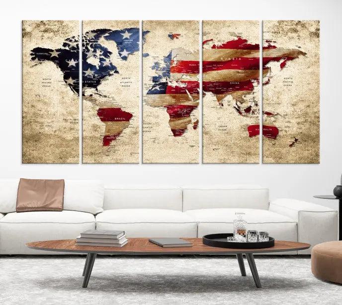 A three-panel "USA Flag and World Map Grunge Canvas Print," featuring a museum-quality canvas with a UV-protective coating, is displayed in a modern interior.