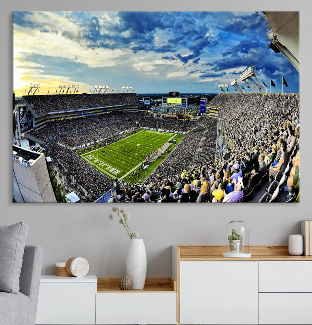 A panoramic view of a crowded Raymond James Stadium at sunset, featuring the USF Bulls Football Team, is captured on premium canvas to create stunning wall art.