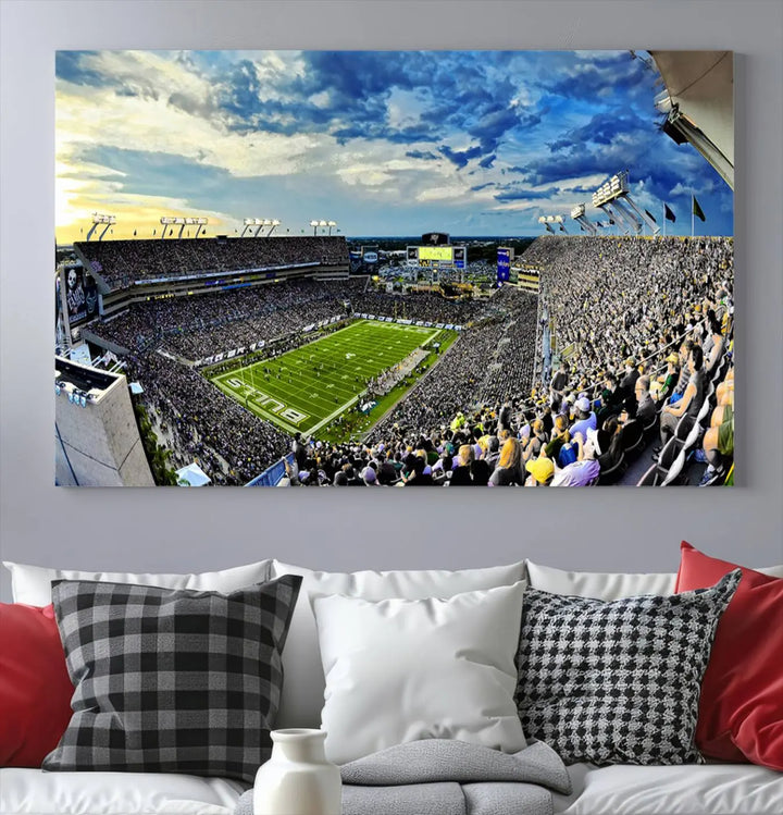 A panoramic view of a crowded Raymond James Stadium at sunset, featuring the USF Bulls Football Team, is captured on premium canvas to create stunning wall art.