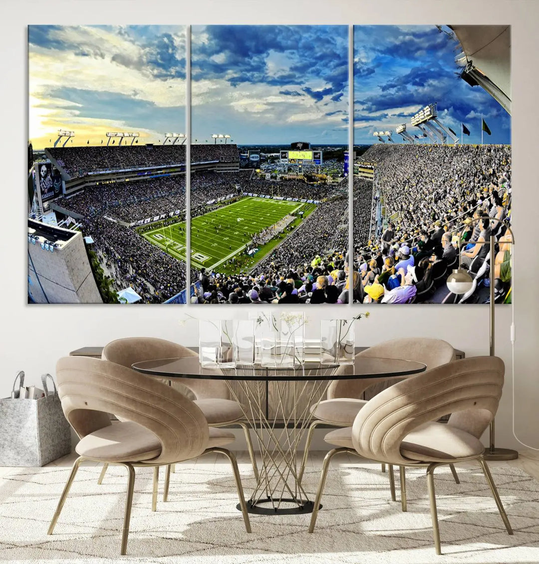 A panoramic view of a crowded Raymond James Stadium at sunset, featuring the USF Bulls Football Team, is captured on premium canvas to create stunning wall art.