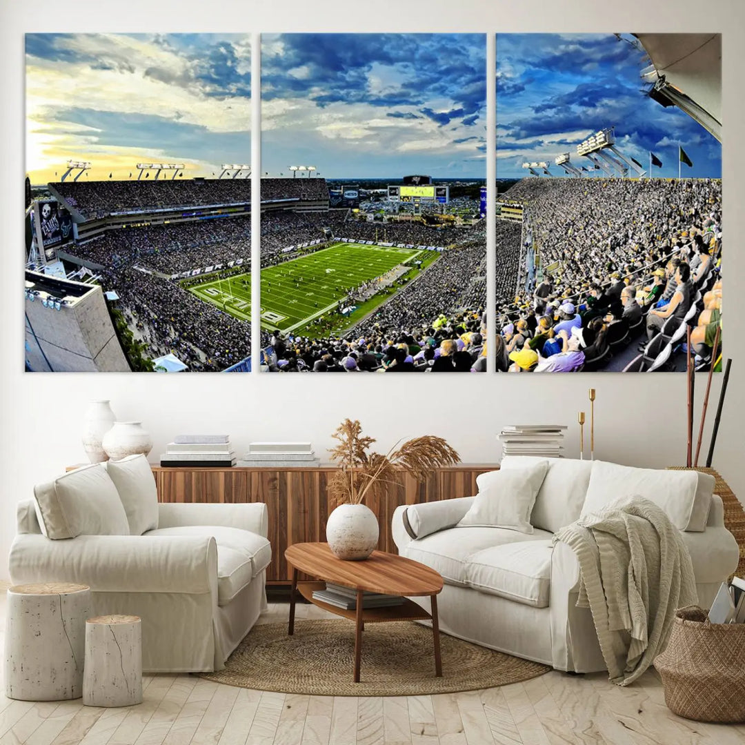 A panoramic view of a crowded Raymond James Stadium at sunset, featuring the USF Bulls Football Team, is captured on premium canvas to create stunning wall art.