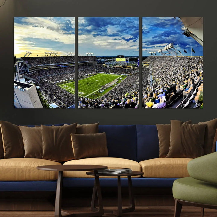 A panoramic view of a crowded Raymond James Stadium at sunset, featuring the USF Bulls Football Team, is captured on premium canvas to create stunning wall art.