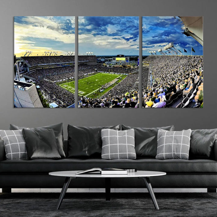 A panoramic view of a crowded Raymond James Stadium at sunset, featuring the USF Bulls Football Team, is captured on premium canvas to create stunning wall art.