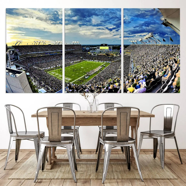 A panoramic view of a crowded Raymond James Stadium at sunset, featuring the USF Bulls Football Team, is captured on premium canvas to create stunning wall art.