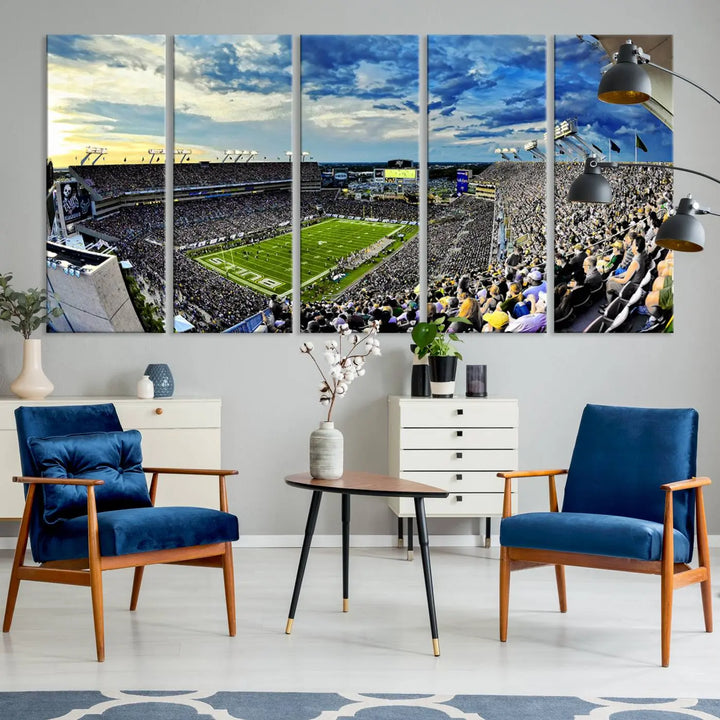 A panoramic view of a crowded Raymond James Stadium at sunset, featuring the USF Bulls Football Team, is captured on premium canvas to create stunning wall art.