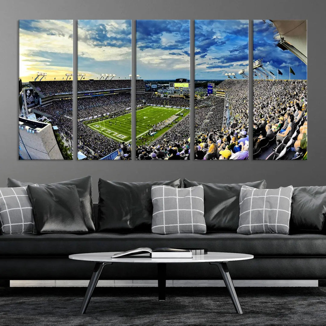 A panoramic view of a crowded Raymond James Stadium at sunset, featuring the USF Bulls Football Team, is captured on premium canvas to create stunning wall art.