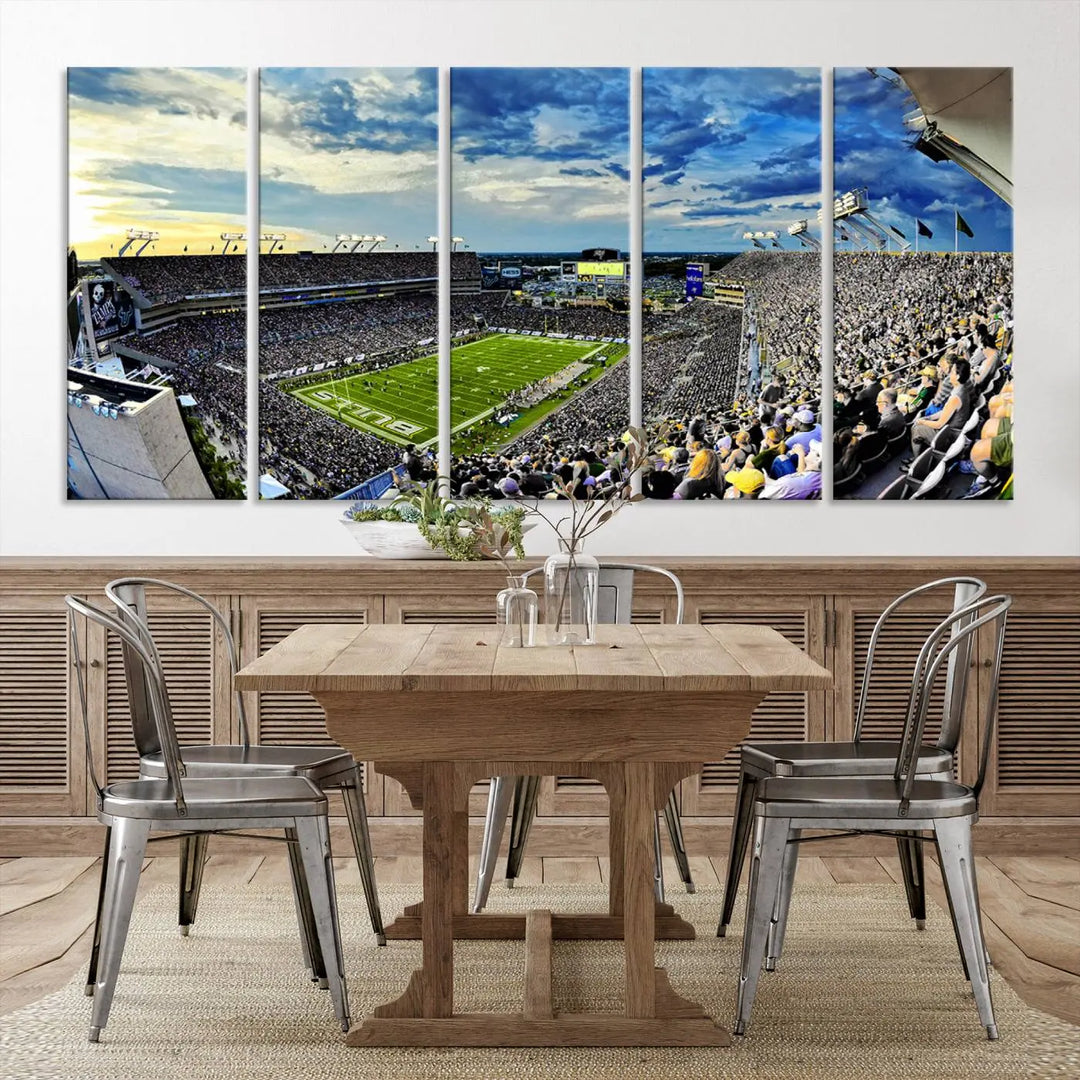 A panoramic view of a crowded Raymond James Stadium at sunset, featuring the USF Bulls Football Team, is captured on premium canvas to create stunning wall art.