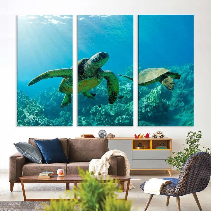 In a contemporary living room, the wall is beautifully adorned by "Underwater Coral Reef Adventure with Sea Turtle," a set of vibrant giclee prints showcasing marine life.