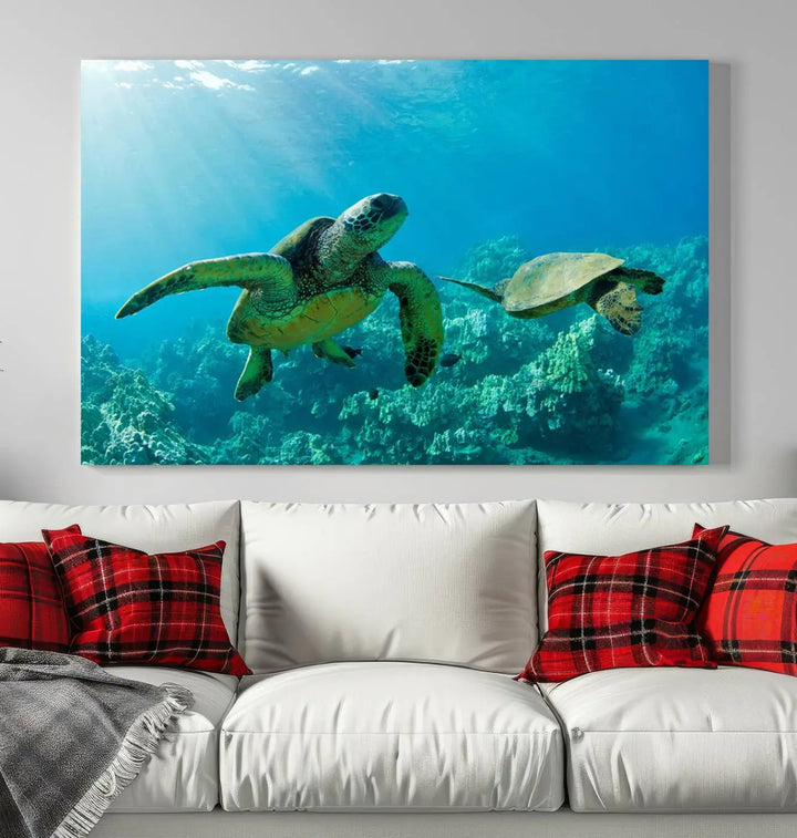 In a contemporary living room, the wall is beautifully adorned by "Underwater Coral Reef Adventure with Sea Turtle," a set of vibrant giclee prints showcasing marine life.