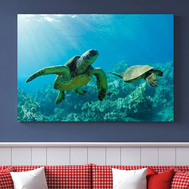 In a contemporary living room, the wall is beautifully adorned by "Underwater Coral Reef Adventure with Sea Turtle," a set of vibrant giclee prints showcasing marine life.