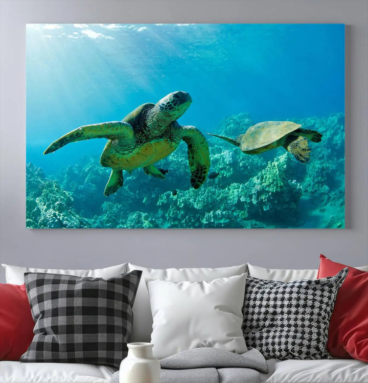 In a contemporary living room, the wall is beautifully adorned by "Underwater Coral Reef Adventure with Sea Turtle," a set of vibrant giclee prints showcasing marine life.