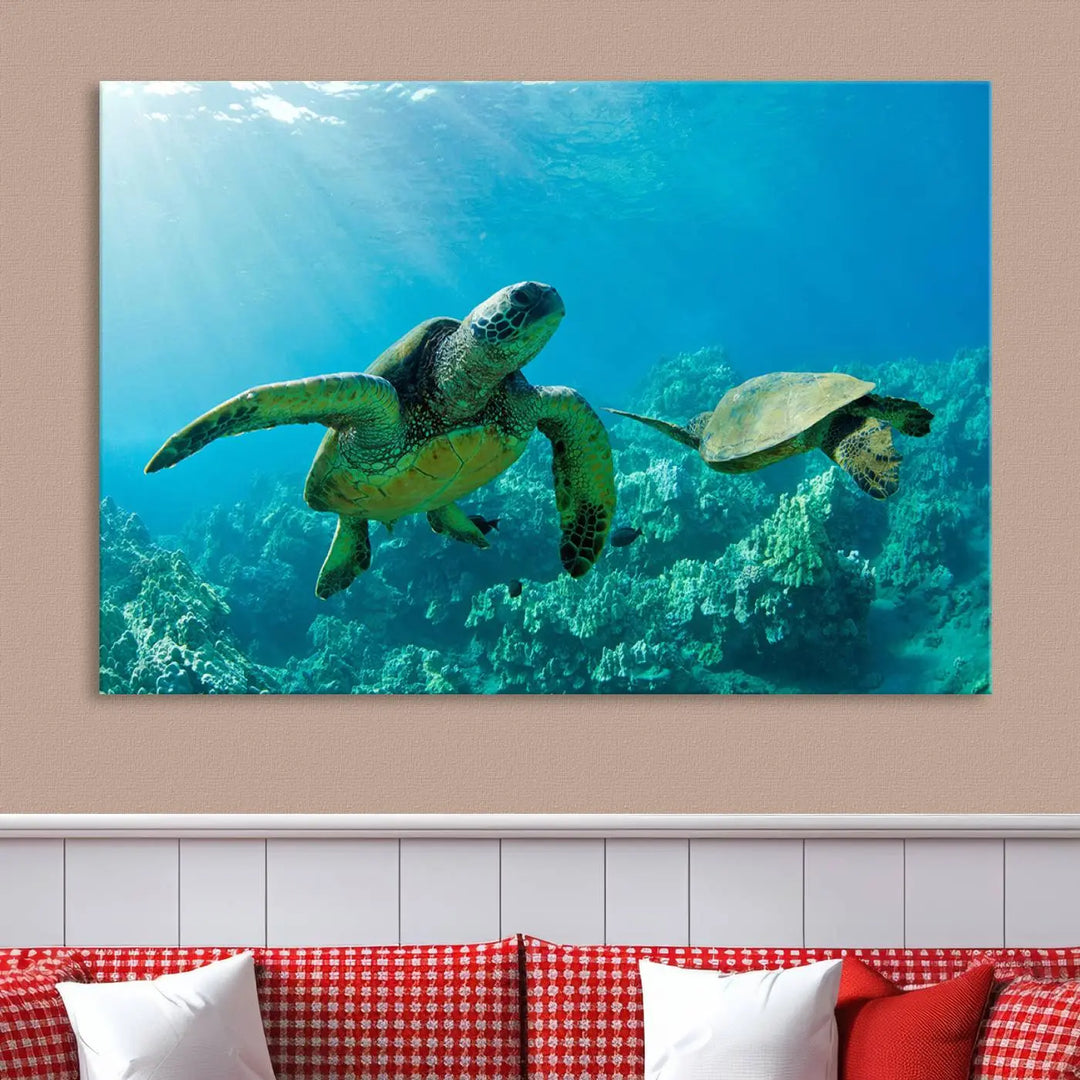 In a contemporary living room, the wall is beautifully adorned by "Underwater Coral Reef Adventure with Sea Turtle," a set of vibrant giclee prints showcasing marine life.