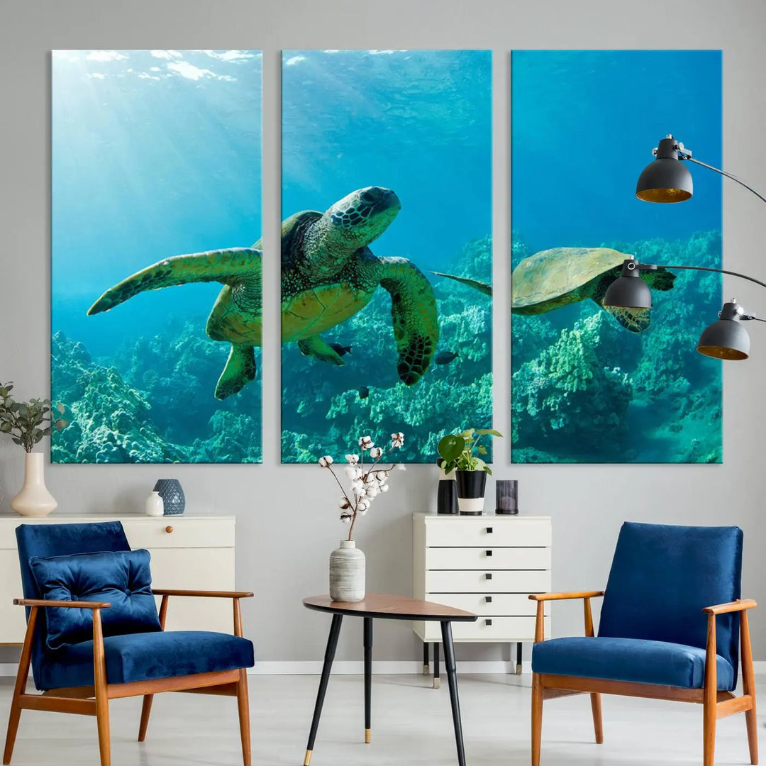 In a contemporary living room, the wall is beautifully adorned by "Underwater Coral Reef Adventure with Sea Turtle," a set of vibrant giclee prints showcasing marine life.