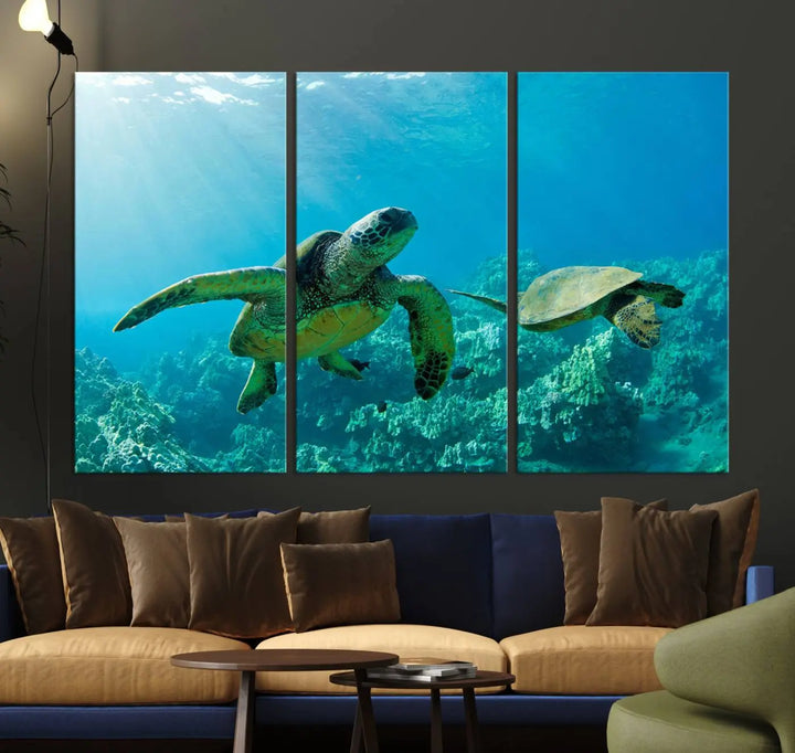 In a contemporary living room, the wall is beautifully adorned by "Underwater Coral Reef Adventure with Sea Turtle," a set of vibrant giclee prints showcasing marine life.