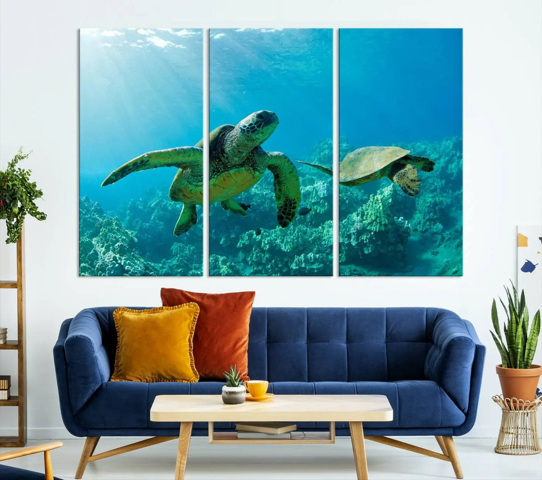 In a contemporary living room, the wall is beautifully adorned by "Underwater Coral Reef Adventure with Sea Turtle," a set of vibrant giclee prints showcasing marine life.