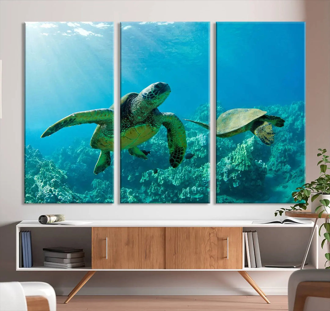 In a contemporary living room, the wall is beautifully adorned by "Underwater Coral Reef Adventure with Sea Turtle," a set of vibrant giclee prints showcasing marine life.