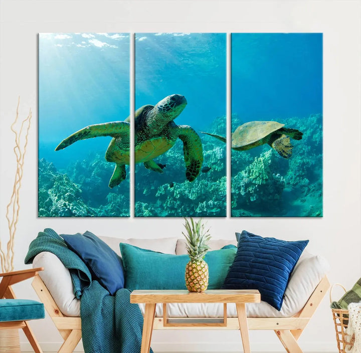 In a contemporary living room, the wall is beautifully adorned by "Underwater Coral Reef Adventure with Sea Turtle," a set of vibrant giclee prints showcasing marine life.