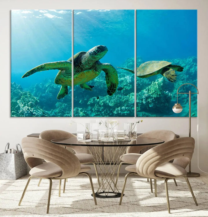 In a contemporary living room, the wall is beautifully adorned by "Underwater Coral Reef Adventure with Sea Turtle," a set of vibrant giclee prints showcasing marine life.