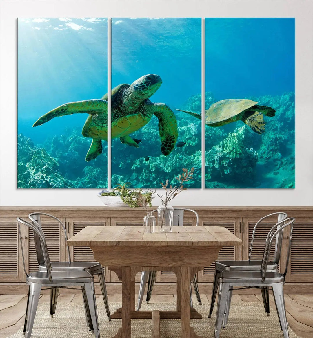 In a contemporary living room, the wall is beautifully adorned by "Underwater Coral Reef Adventure with Sea Turtle," a set of vibrant giclee prints showcasing marine life.