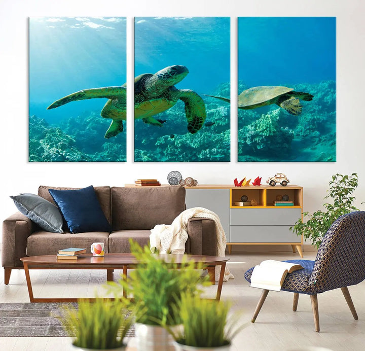 In a contemporary living room, the wall is beautifully adorned by "Underwater Coral Reef Adventure with Sea Turtle," a set of vibrant giclee prints showcasing marine life.