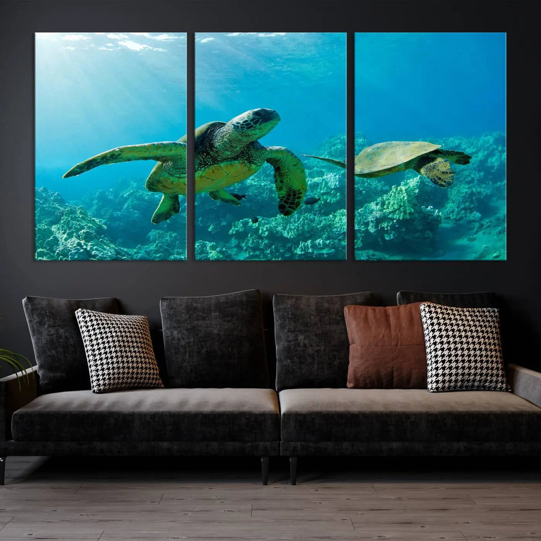 In a contemporary living room, the wall is beautifully adorned by "Underwater Coral Reef Adventure with Sea Turtle," a set of vibrant giclee prints showcasing marine life.