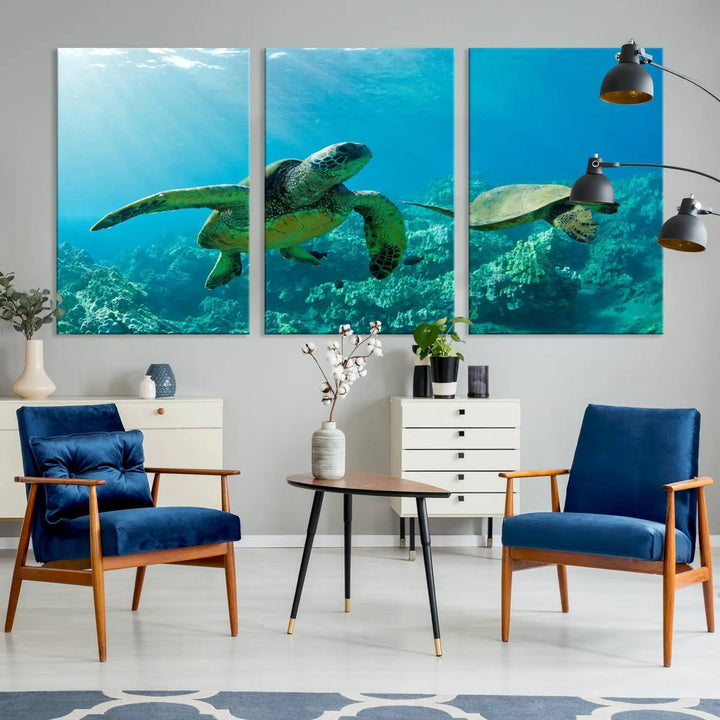 In a contemporary living room, the wall is beautifully adorned by "Underwater Coral Reef Adventure with Sea Turtle," a set of vibrant giclee prints showcasing marine life.