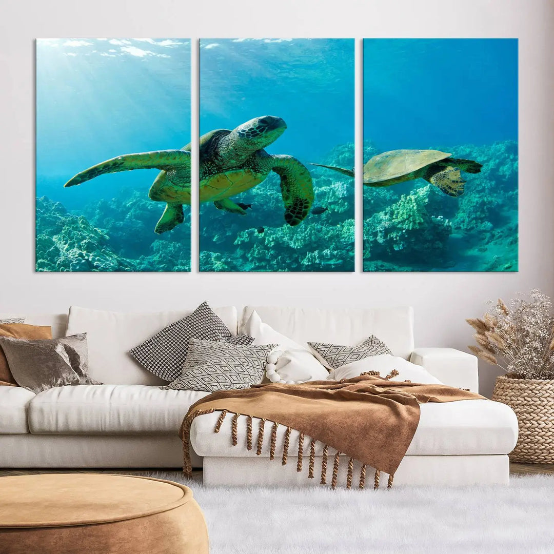 In a contemporary living room, the wall is beautifully adorned by "Underwater Coral Reef Adventure with Sea Turtle," a set of vibrant giclee prints showcasing marine life.