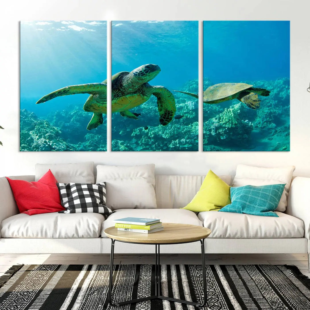 In a contemporary living room, the wall is beautifully adorned by "Underwater Coral Reef Adventure with Sea Turtle," a set of vibrant giclee prints showcasing marine life.