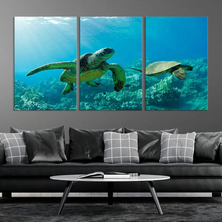 In a contemporary living room, the wall is beautifully adorned by "Underwater Coral Reef Adventure with Sea Turtle," a set of vibrant giclee prints showcasing marine life.