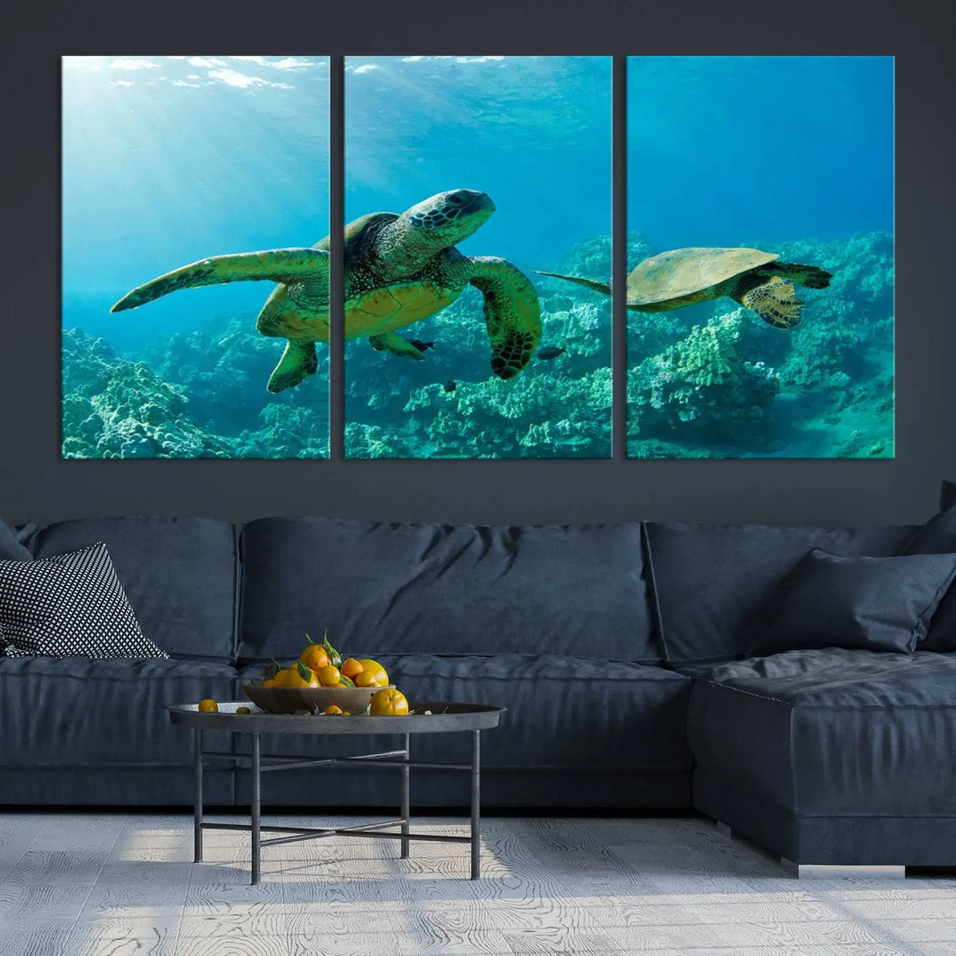 In a contemporary living room, the wall is beautifully adorned by "Underwater Coral Reef Adventure with Sea Turtle," a set of vibrant giclee prints showcasing marine life.