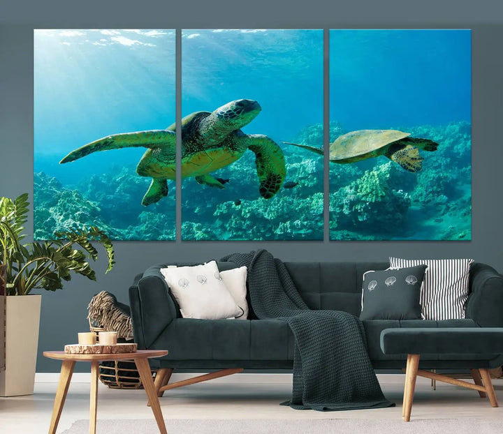 In a contemporary living room, the wall is beautifully adorned by "Underwater Coral Reef Adventure with Sea Turtle," a set of vibrant giclee prints showcasing marine life.