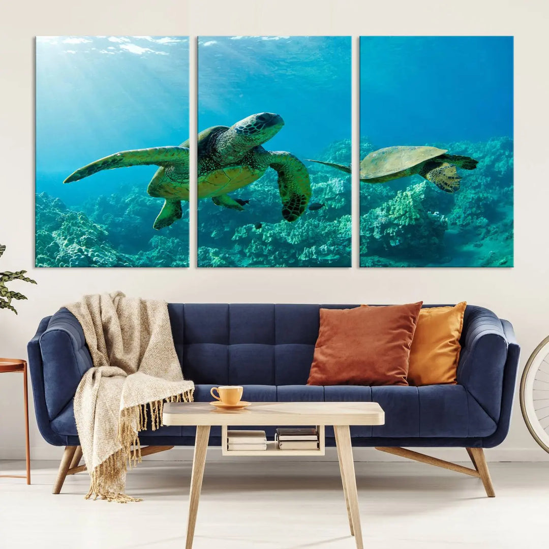 In a contemporary living room, the wall is beautifully adorned by "Underwater Coral Reef Adventure with Sea Turtle," a set of vibrant giclee prints showcasing marine life.