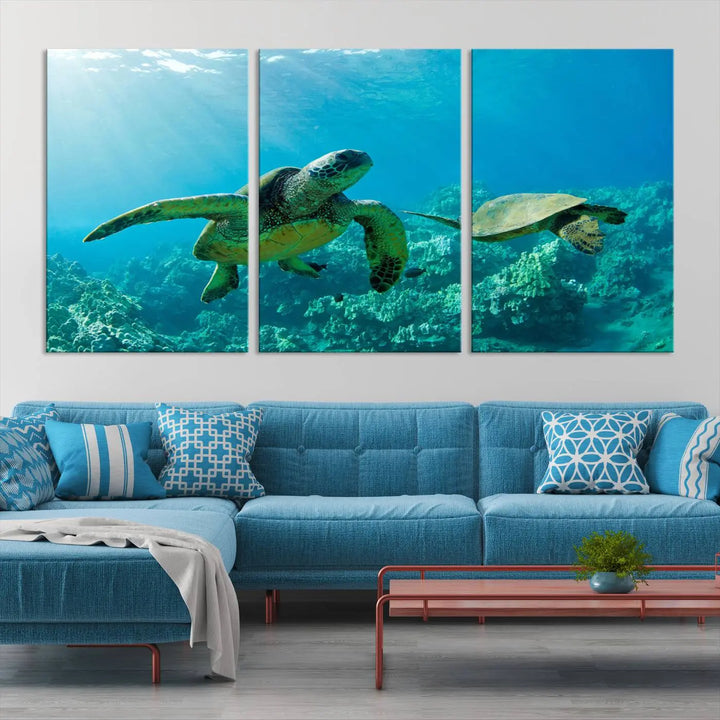 In a contemporary living room, the wall is beautifully adorned by "Underwater Coral Reef Adventure with Sea Turtle," a set of vibrant giclee prints showcasing marine life.