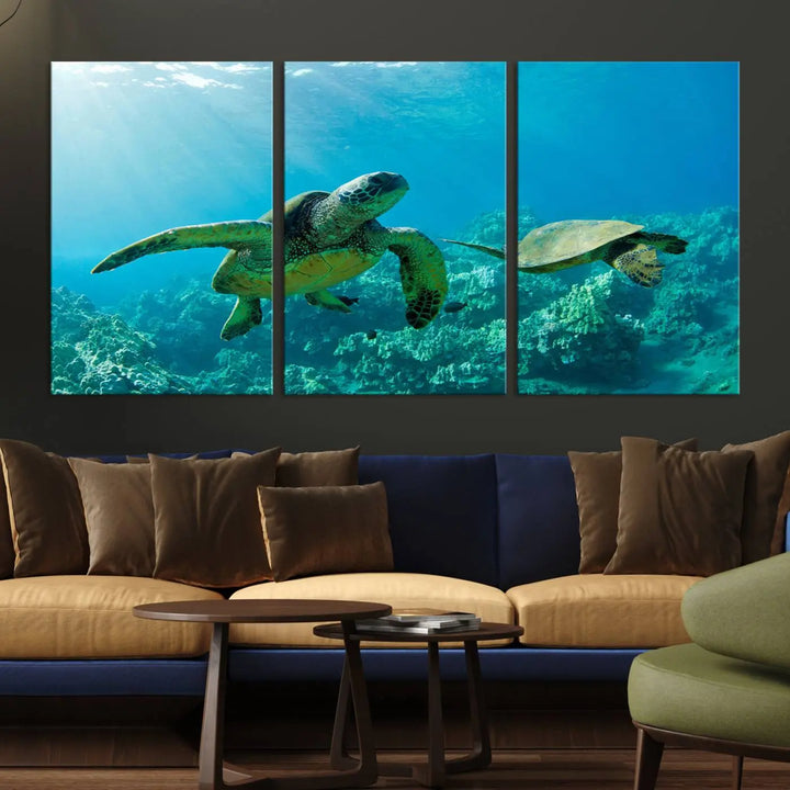 In a contemporary living room, the wall is beautifully adorned by "Underwater Coral Reef Adventure with Sea Turtle," a set of vibrant giclee prints showcasing marine life.