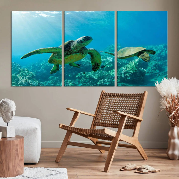 In a contemporary living room, the wall is beautifully adorned by "Underwater Coral Reef Adventure with Sea Turtle," a set of vibrant giclee prints showcasing marine life.