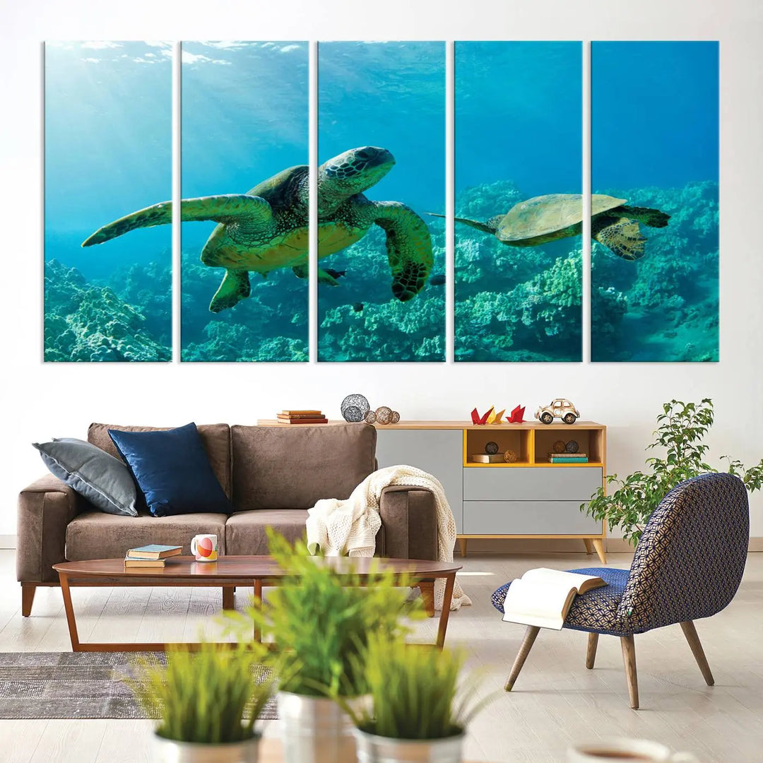 In a contemporary living room, the wall is beautifully adorned by "Underwater Coral Reef Adventure with Sea Turtle," a set of vibrant giclee prints showcasing marine life.