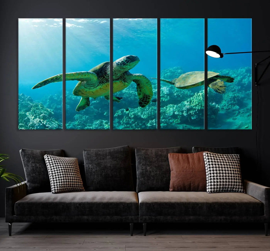 In a contemporary living room, the wall is beautifully adorned by "Underwater Coral Reef Adventure with Sea Turtle," a set of vibrant giclee prints showcasing marine life.