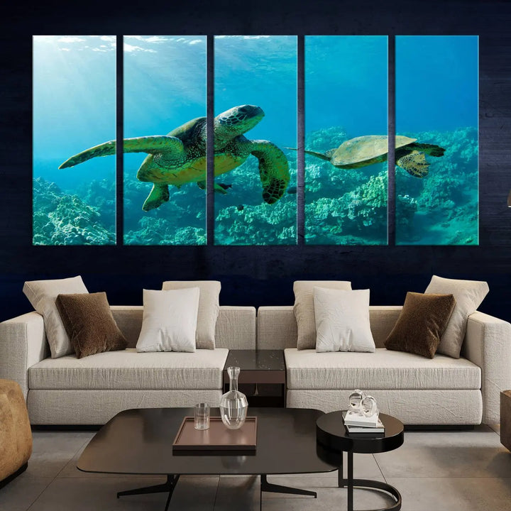 In a contemporary living room, the wall is beautifully adorned by "Underwater Coral Reef Adventure with Sea Turtle," a set of vibrant giclee prints showcasing marine life.