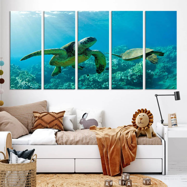 In a contemporary living room, the wall is beautifully adorned by "Underwater Coral Reef Adventure with Sea Turtle," a set of vibrant giclee prints showcasing marine life.