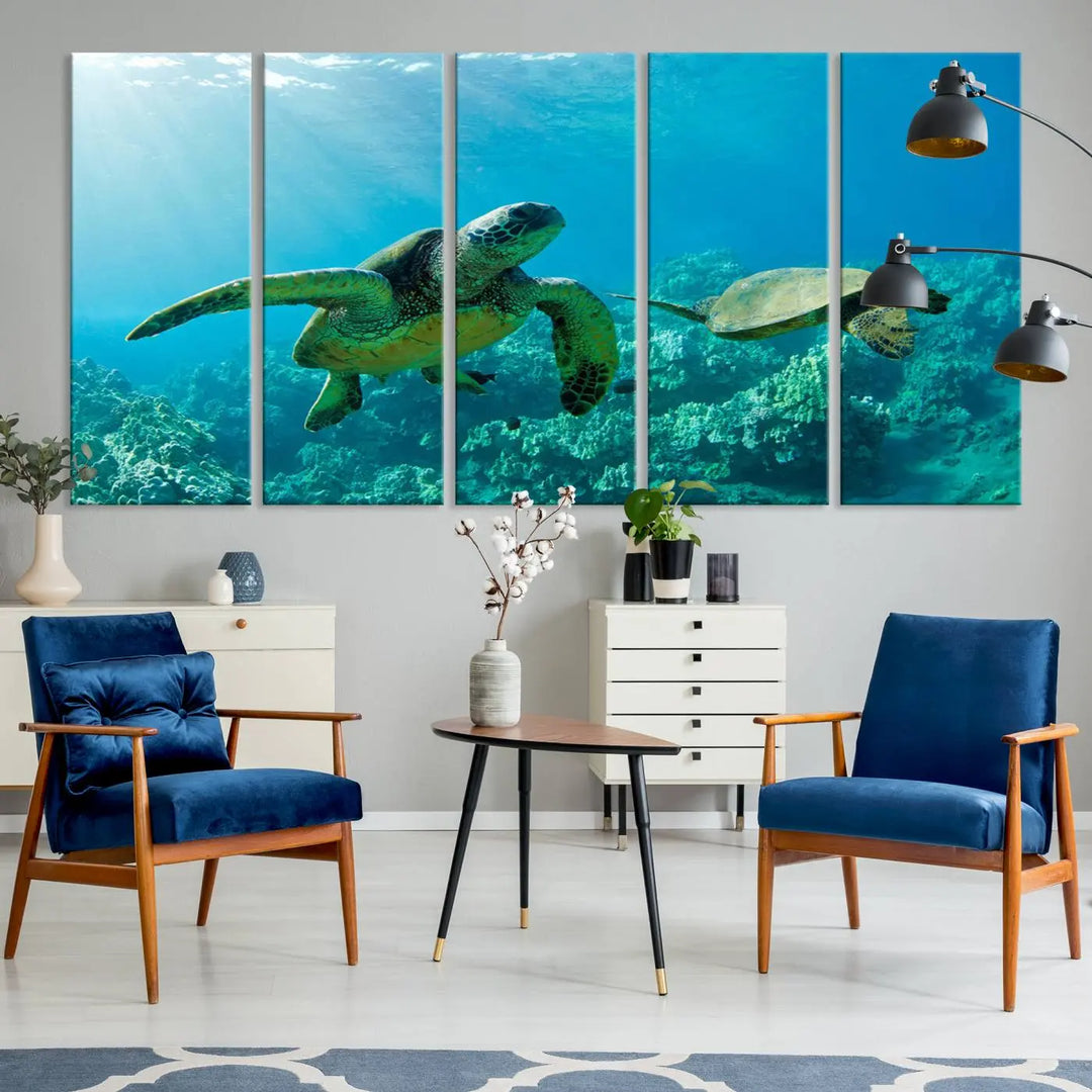 In a contemporary living room, the wall is beautifully adorned by "Underwater Coral Reef Adventure with Sea Turtle," a set of vibrant giclee prints showcasing marine life.