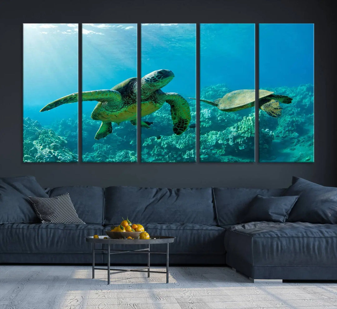 In a contemporary living room, the wall is beautifully adorned by "Underwater Coral Reef Adventure with Sea Turtle," a set of vibrant giclee prints showcasing marine life.