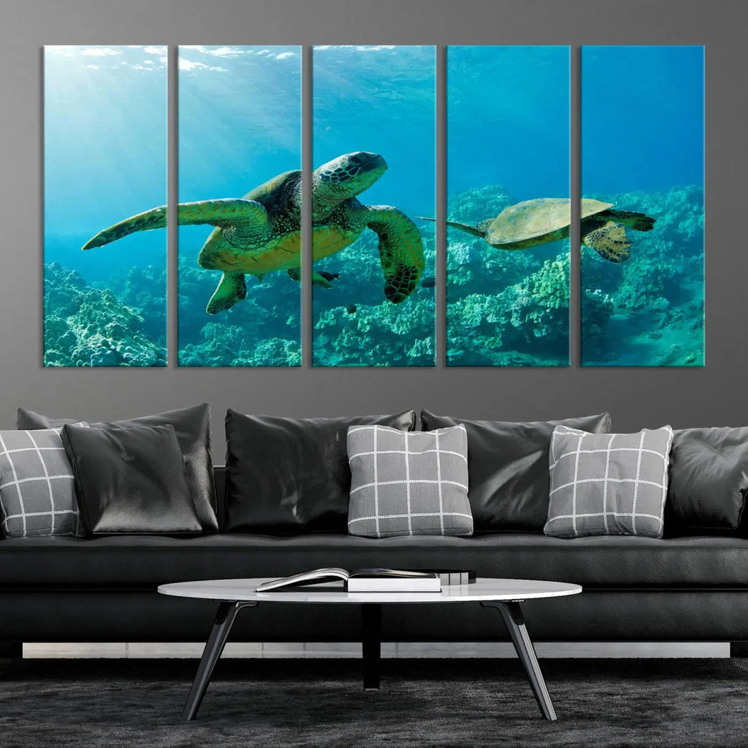 In a contemporary living room, the wall is beautifully adorned by "Underwater Coral Reef Adventure with Sea Turtle," a set of vibrant giclee prints showcasing marine life.