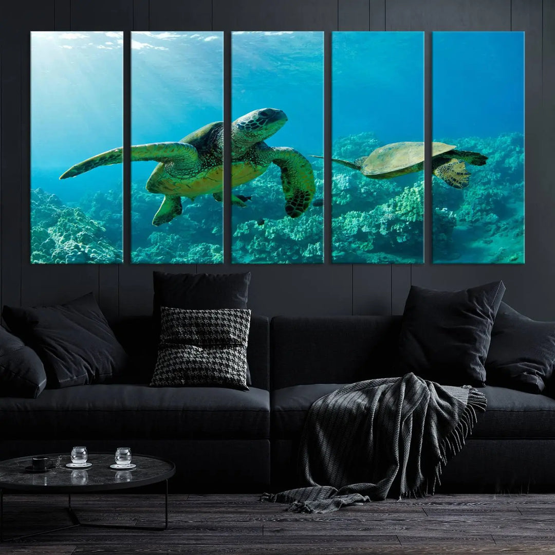 In a contemporary living room, the wall is beautifully adorned by "Underwater Coral Reef Adventure with Sea Turtle," a set of vibrant giclee prints showcasing marine life.