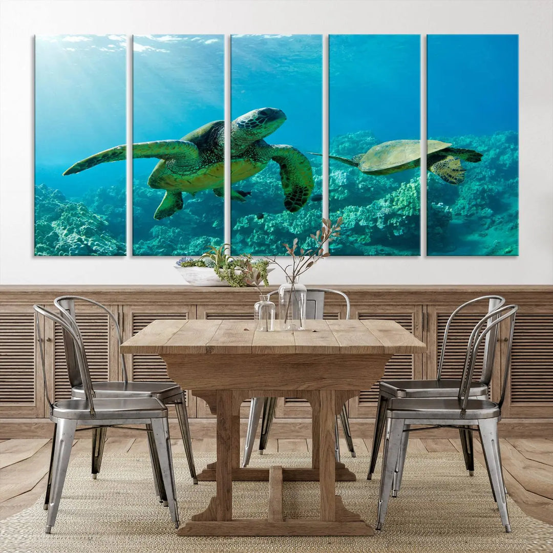 In a contemporary living room, the wall is beautifully adorned by "Underwater Coral Reef Adventure with Sea Turtle," a set of vibrant giclee prints showcasing marine life.